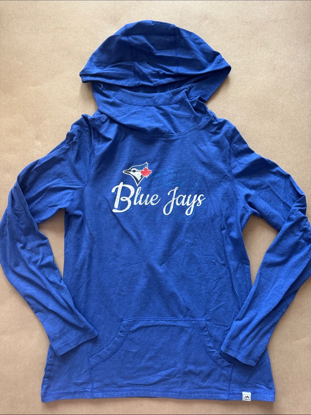 Blue Jay Royal Blue Hooded Girls Sweatshirt with Team Script-Stain on sleeve